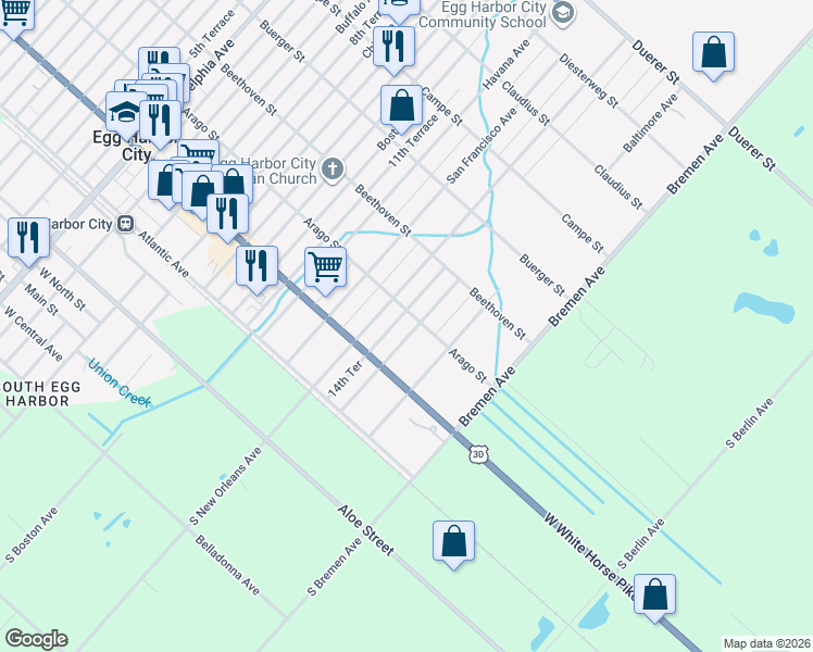 map of restaurants, bars, coffee shops, grocery stores, and more near 147 Antwerp Avenue in Egg Harbor City