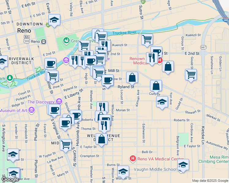 map of restaurants, bars, coffee shops, grocery stores, and more near 810 Ryland Street in Reno