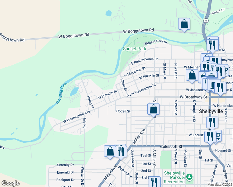 map of restaurants, bars, coffee shops, grocery stores, and more near 623 West Franklin Street in Shelbyville