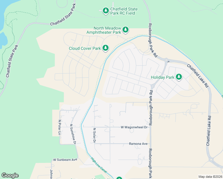 map of restaurants, bars, coffee shops, grocery stores, and more near High Line Canal Trail in Littleton