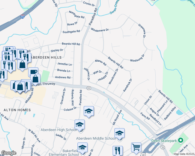 map of restaurants, bars, coffee shops, grocery stores, and more near 422 Holiday Drive in Aberdeen