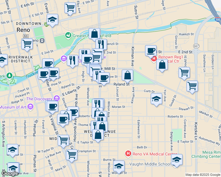 map of restaurants, bars, coffee shops, grocery stores, and more near 820 Ryland Street in Reno