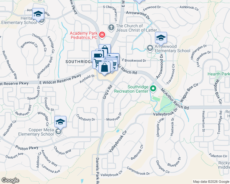 map of restaurants, bars, coffee shops, grocery stores, and more near 10606 Cliffrose Way in Highlands Ranch