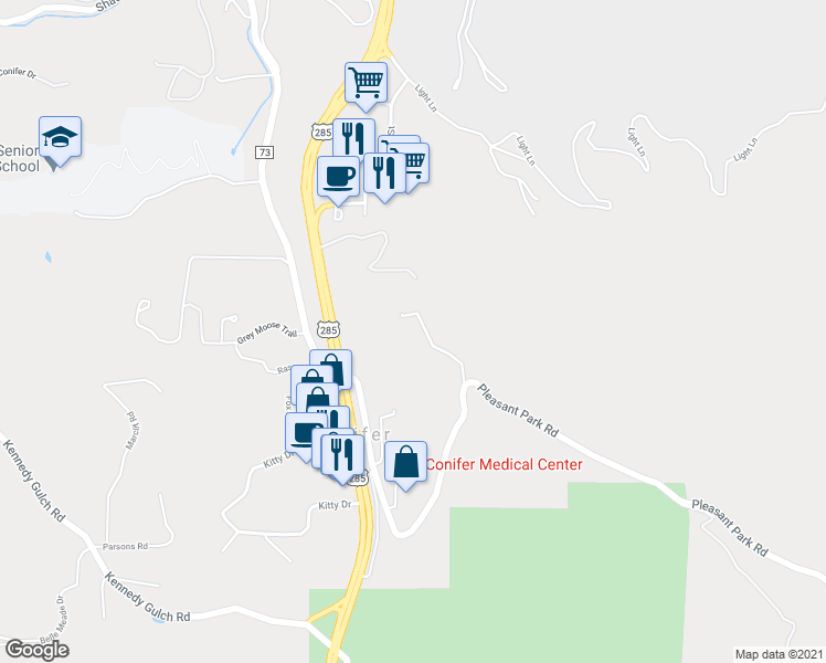 map of restaurants, bars, coffee shops, grocery stores, and more near 26343 Pleasant Park Road in Conifer