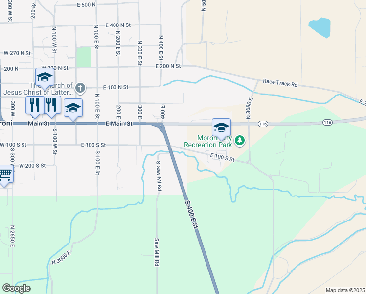 map of restaurants, bars, coffee shops, grocery stores, and more near 445 East 100 South in Moroni