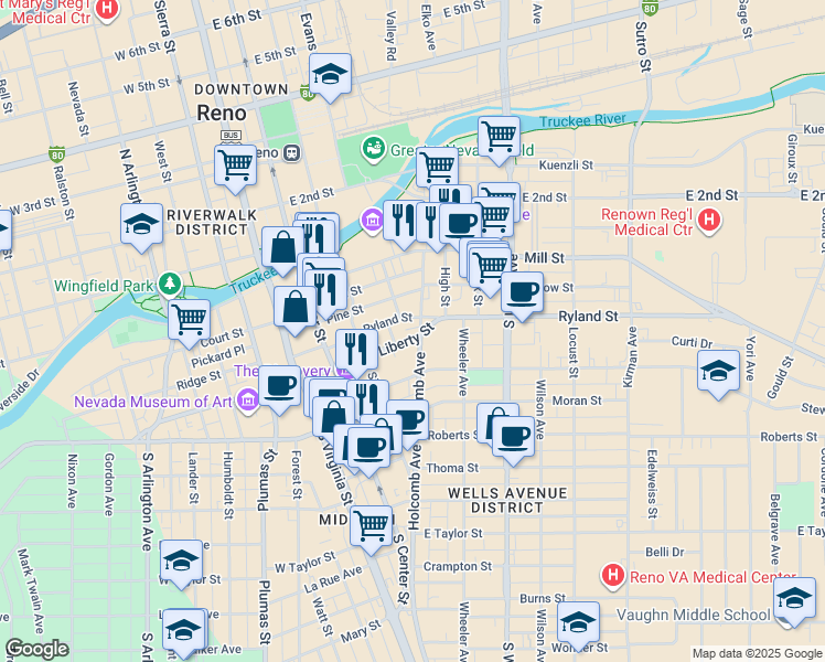 map of restaurants, bars, coffee shops, grocery stores, and more near 331 Holcomb Avenue in Reno