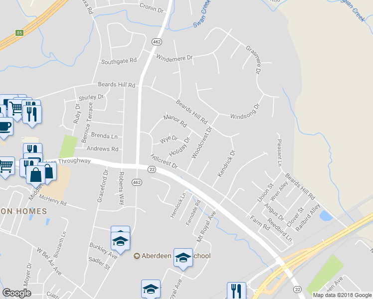 map of restaurants, bars, coffee shops, grocery stores, and more near 431 Holiday Drive in Aberdeen