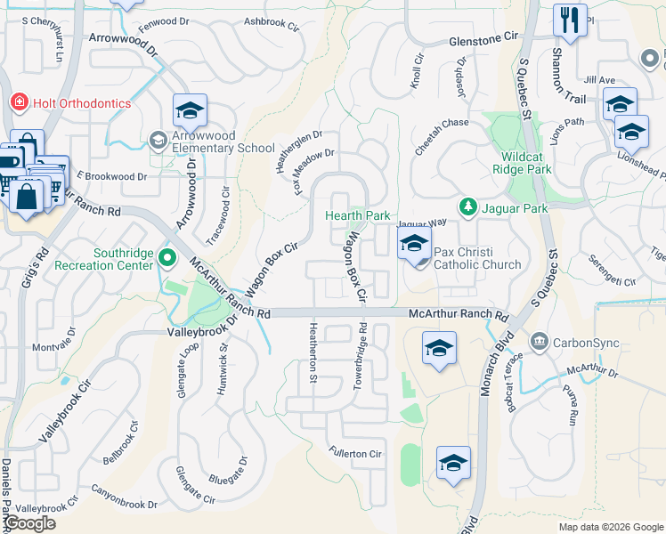 map of restaurants, bars, coffee shops, grocery stores, and more near 5350 Windflower Lane in Littleton