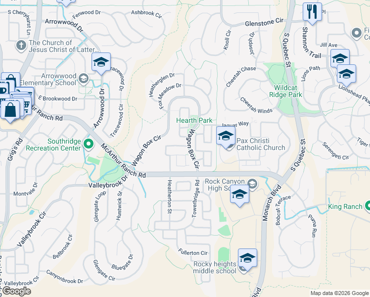 map of restaurants, bars, coffee shops, grocery stores, and more near 5350 Windflower Lane in Littleton