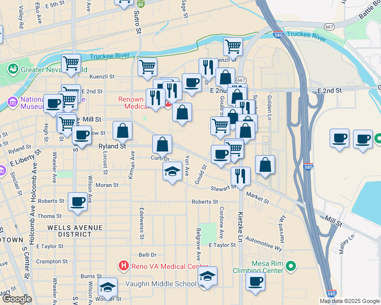 map of restaurants, bars, coffee shops, grocery stores, and more near in Reno
