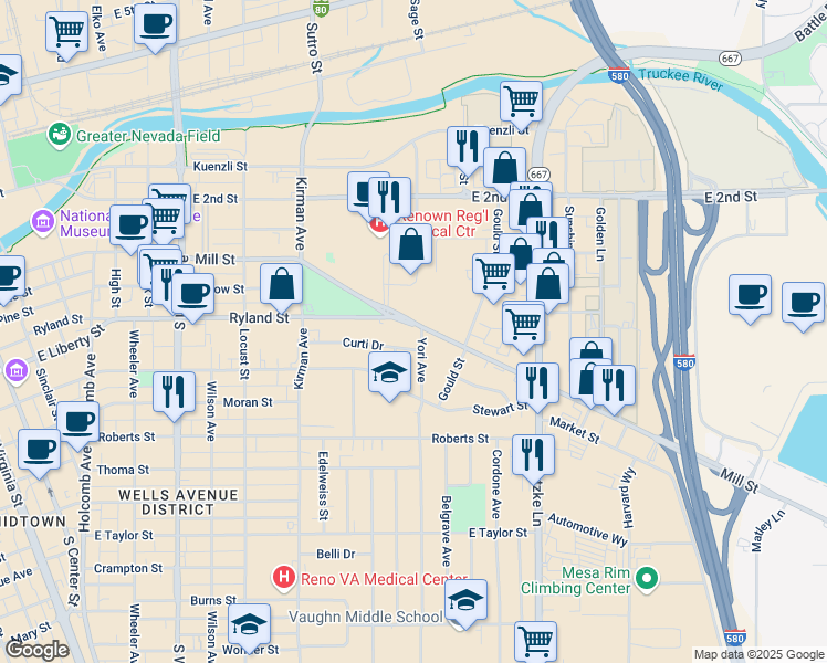 map of restaurants, bars, coffee shops, grocery stores, and more near 1260 Mill Street in Reno