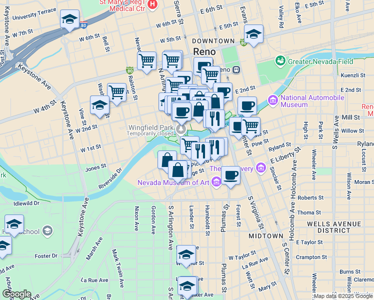 map of restaurants, bars, coffee shops, grocery stores, and more near 260 Island Avenue in Reno