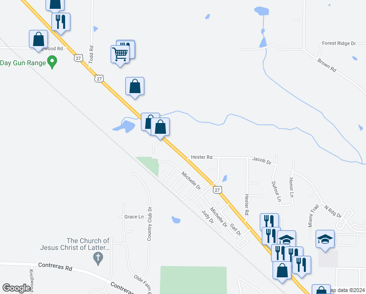 map of restaurants, bars, coffee shops, grocery stores, and more near 6375 Hester Road in Oxford