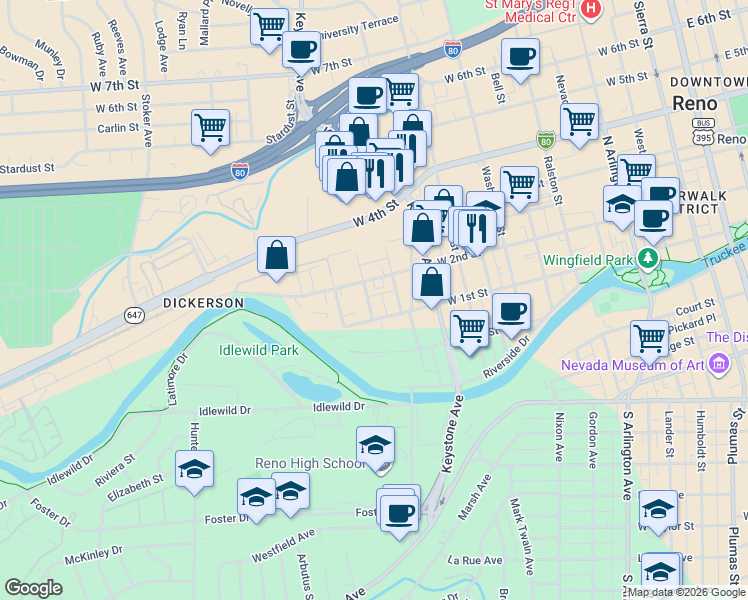 map of restaurants, bars, coffee shops, grocery stores, and more near 155 Gardner Street in Reno