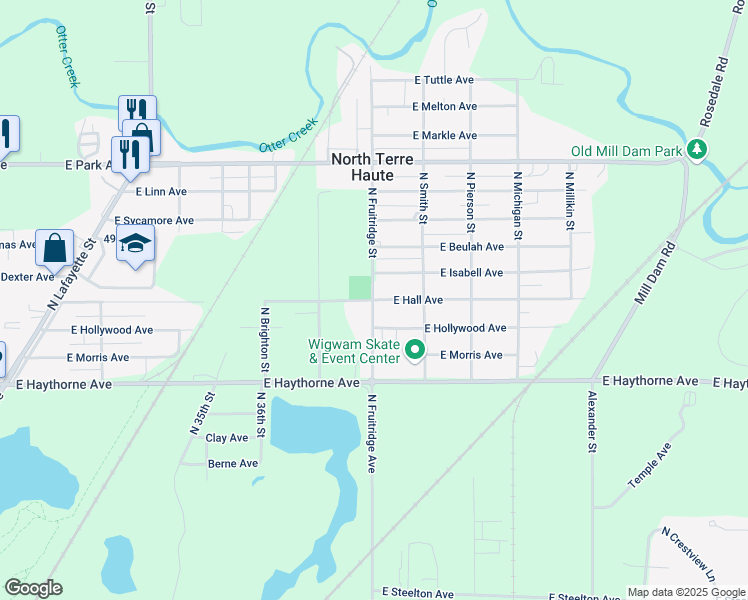 map of restaurants, bars, coffee shops, grocery stores, and more near 3700 East Hall Avenue in North Terre Haute