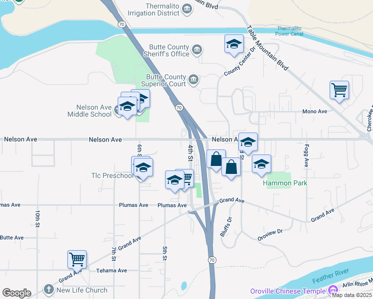 map of restaurants, bars, coffee shops, grocery stores, and more near 2163 4th Street in Oroville