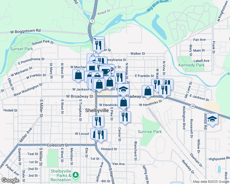 map of restaurants, bars, coffee shops, grocery stores, and more near 113 East Jackson Street in Shelbyville
