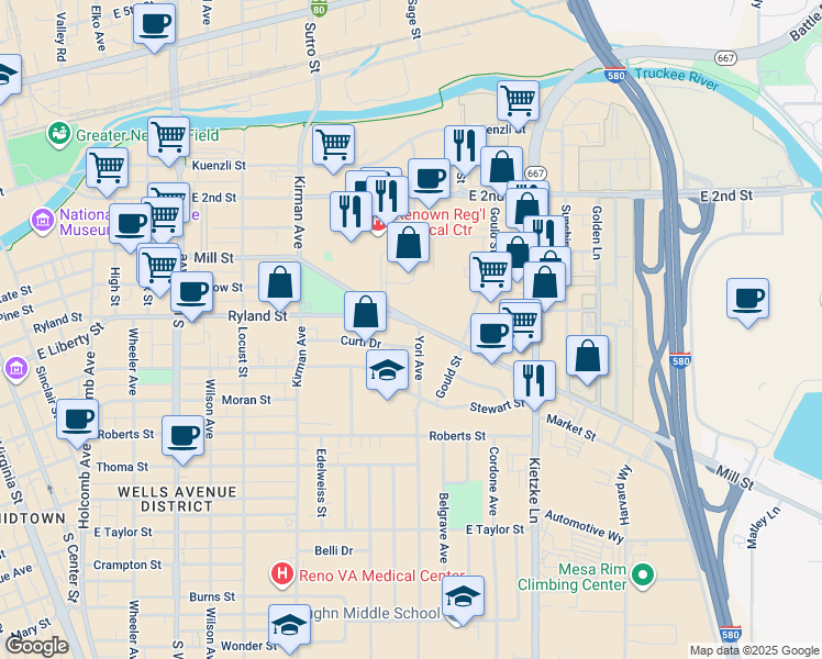 map of restaurants, bars, coffee shops, grocery stores, and more near 1260 Mill Street in Reno