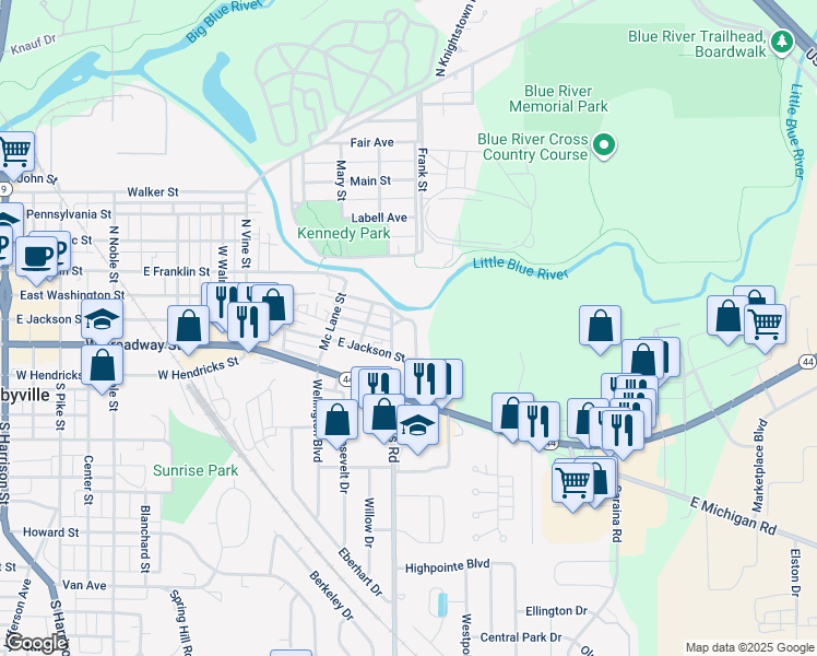 map of restaurants, bars, coffee shops, grocery stores, and more near 911 East Washington Street in Shelbyville
