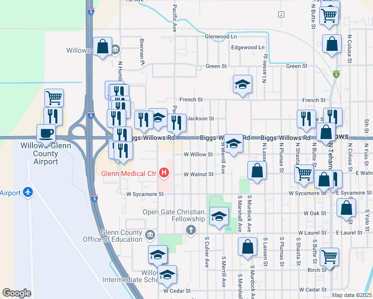 map of restaurants, bars, coffee shops, grocery stores, and more near 309 North Crawford Avenue in Willows