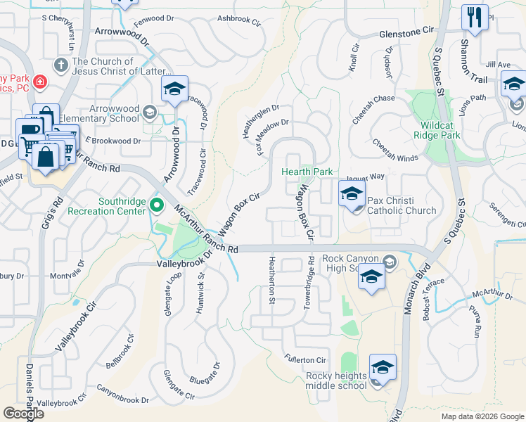 map of restaurants, bars, coffee shops, grocery stores, and more near 5283 Windflower Lane in Littleton