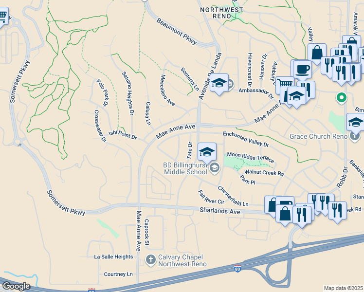 map of restaurants, bars, coffee shops, grocery stores, and more near 1286 Dawson Dr in Reno
