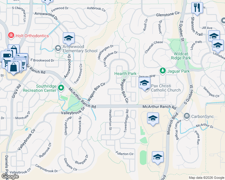 map of restaurants, bars, coffee shops, grocery stores, and more near 5350 Windflower Lane in Littleton