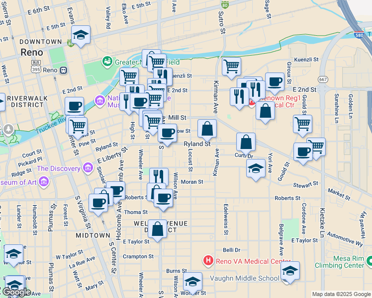 map of restaurants, bars, coffee shops, grocery stores, and more near 900 Ryland Street in Reno