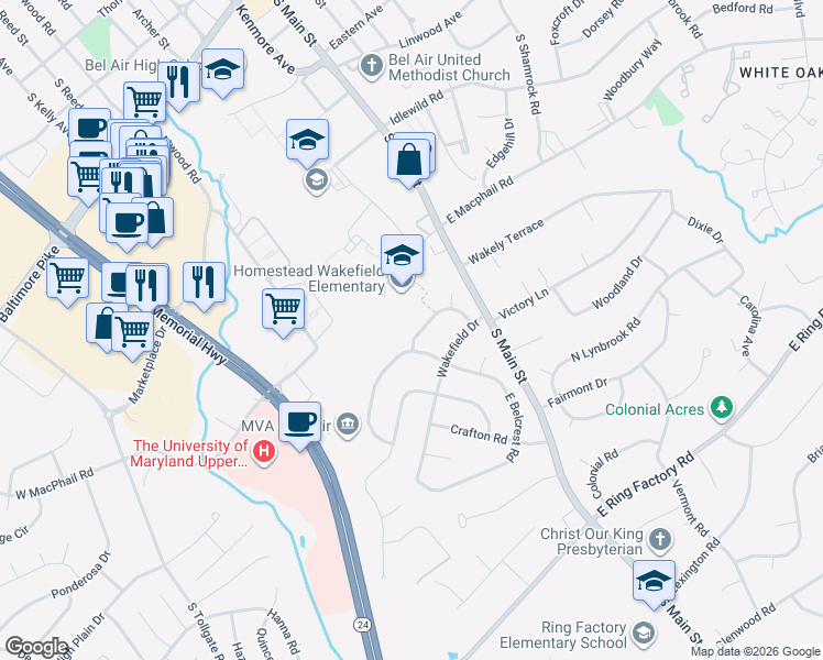 map of restaurants, bars, coffee shops, grocery stores, and more near 120 Chatham Road in Bel Air