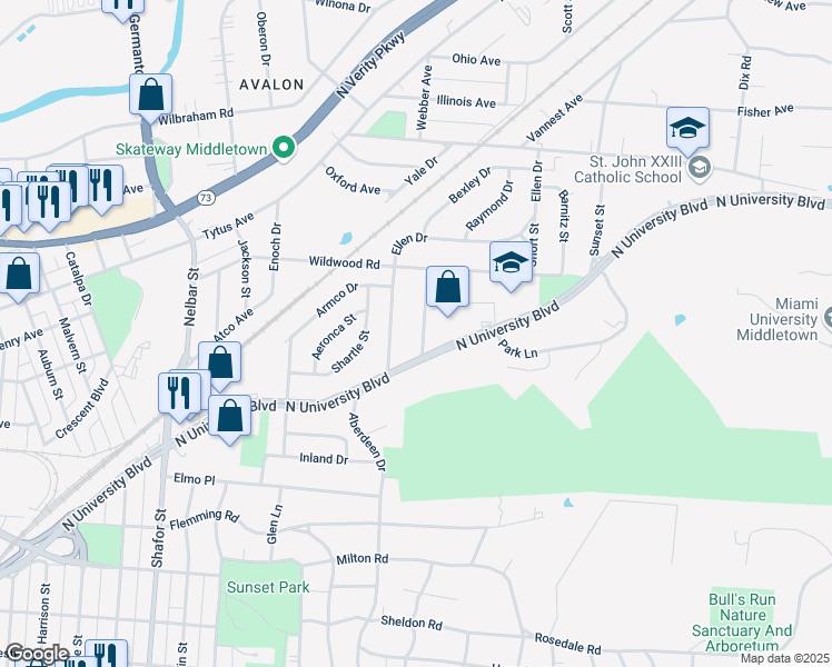 map of restaurants, bars, coffee shops, grocery stores, and more near 912 Sorg Place in Middletown