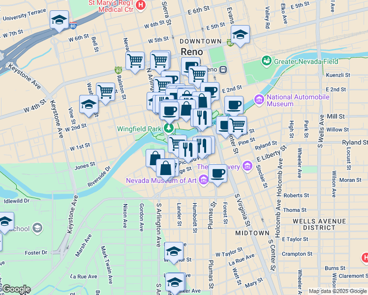 map of restaurants, bars, coffee shops, grocery stores, and more near 219 Court Street in Reno