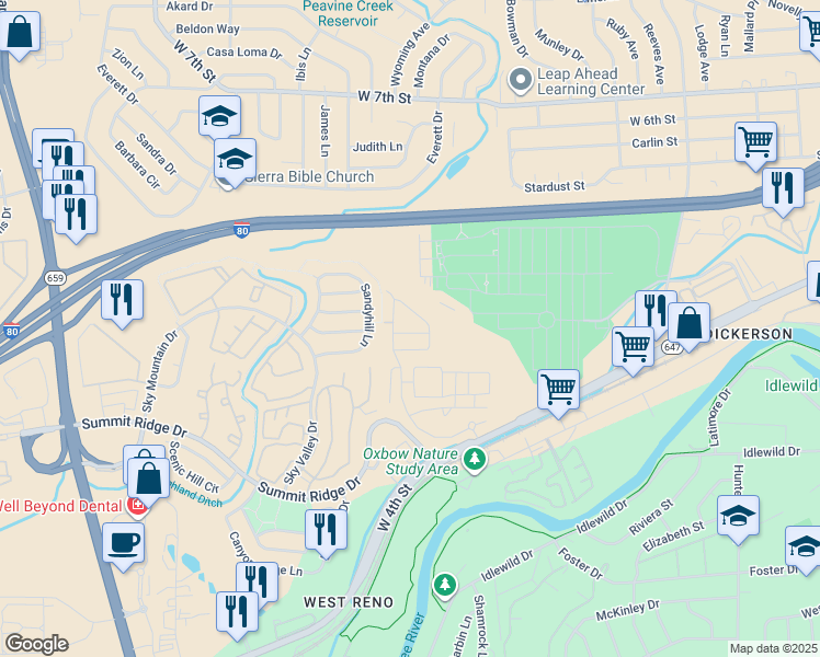 map of restaurants, bars, coffee shops, grocery stores, and more near 1342 Sandyhill Lane in Reno
