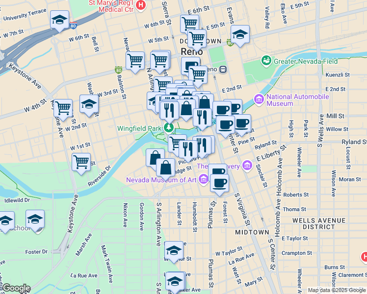 map of restaurants, bars, coffee shops, grocery stores, and more near 219 Court Street in Reno