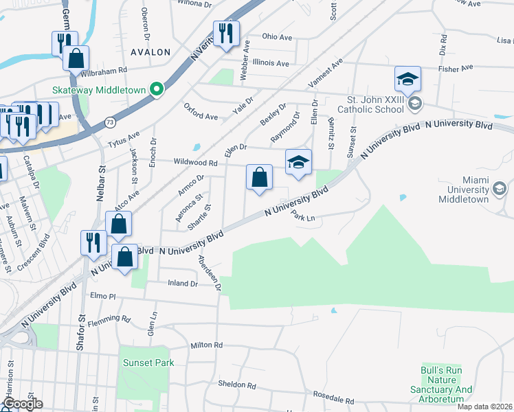 map of restaurants, bars, coffee shops, grocery stores, and more near 1004 N University Blvd in Middletown