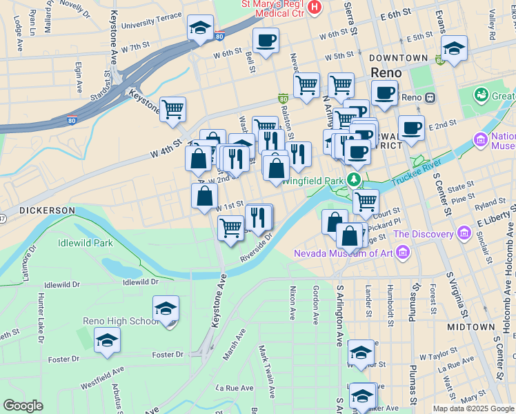 map of restaurants, bars, coffee shops, grocery stores, and more near 50 W Washington Street in Reno