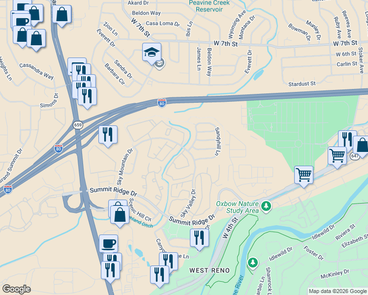 map of restaurants, bars, coffee shops, grocery stores, and more near 1351 Mistyridge Lane in Reno