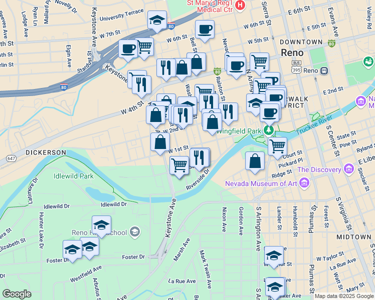 map of restaurants, bars, coffee shops, grocery stores, and more near 79 Winter Street in Reno
