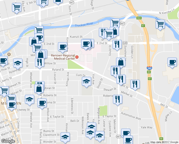 map of restaurants, bars, coffee shops, grocery stores, and more near 1260 Mill St in Reno
