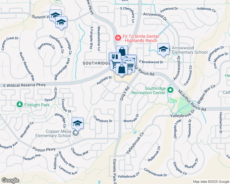 map of restaurants, bars, coffee shops, grocery stores, and more near 10580 Parkington Lane in Littleton