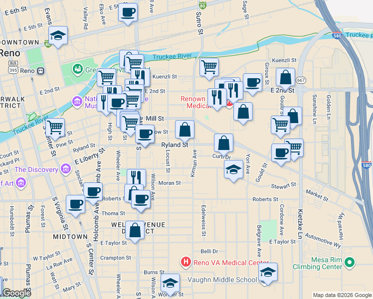 map of restaurants, bars, coffee shops, grocery stores, and more near 960 Ryland Street in Reno