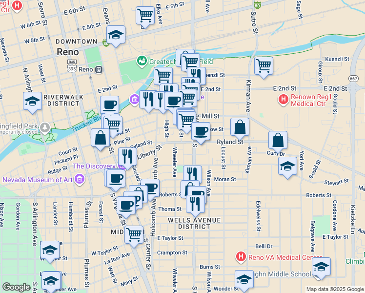 map of restaurants, bars, coffee shops, grocery stores, and more near 301 South Wells Avenue in Reno