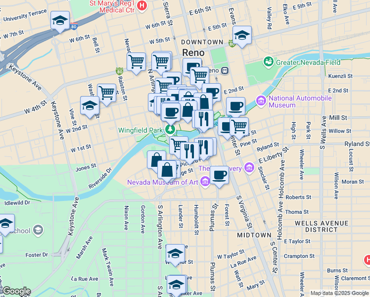 map of restaurants, bars, coffee shops, grocery stores, and more near 260 Island Avenue in Reno