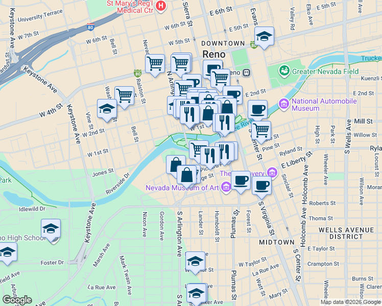 map of restaurants, bars, coffee shops, grocery stores, and more near 260 Island Avenue in Reno