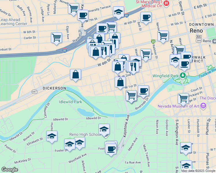 map of restaurants, bars, coffee shops, grocery stores, and more near 155 Gardner Street in Reno