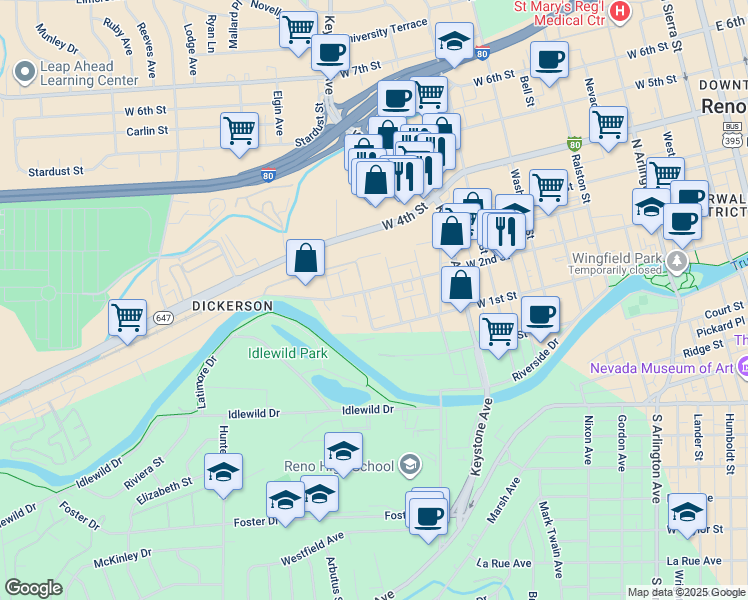 map of restaurants, bars, coffee shops, grocery stores, and more near 149 Arletta Street in Reno