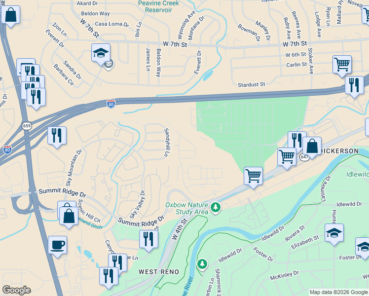 map of restaurants, bars, coffee shops, grocery stores, and more near 1342 Sandyhill Lane in Reno