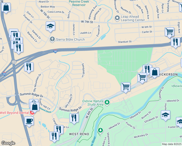 map of restaurants, bars, coffee shops, grocery stores, and more near 1342 Sandyhill Lane in Reno