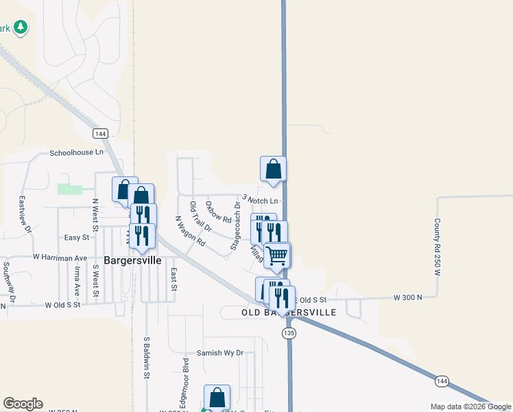 map of restaurants, bars, coffee shops, grocery stores, and more near 175 Village Road in Bargersville