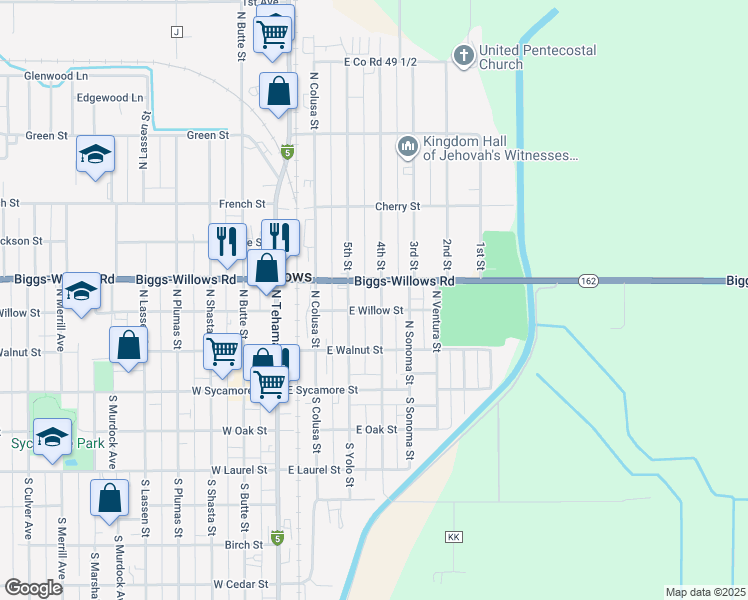 map of restaurants, bars, coffee shops, grocery stores, and more near 313 North Sacramento Street in Willows