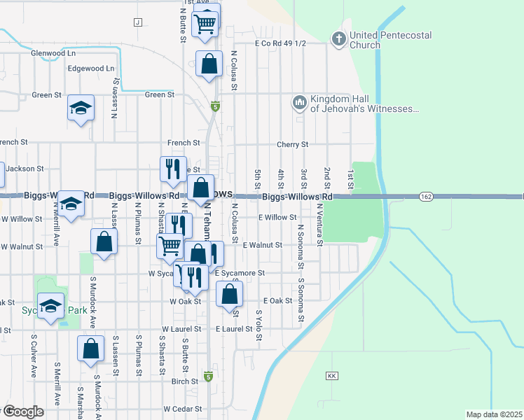 map of restaurants, bars, coffee shops, grocery stores, and more near 313 North Sacramento Street in Willows